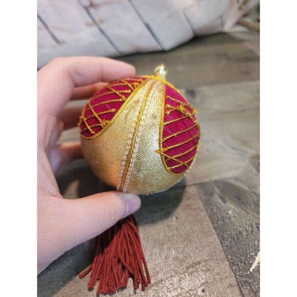 Satin AS IS gold red tassel ball ornament Xmas - Picture 2 of 9